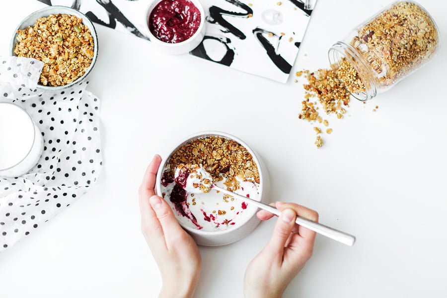 Image of yogurt on a table from above, which can contain lactobacillus casei