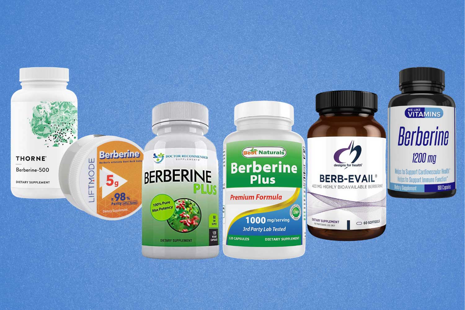 Image of the best berberine supplements lined up in front of a blue background