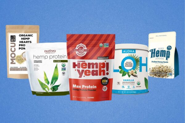 Image of the best hemp protein supplements lined up on a blue background