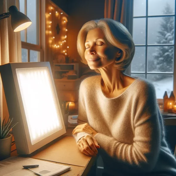 woman sitting in front of light therapy box