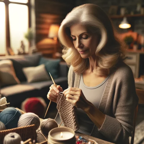 woman knitting with candle and yarn on table
