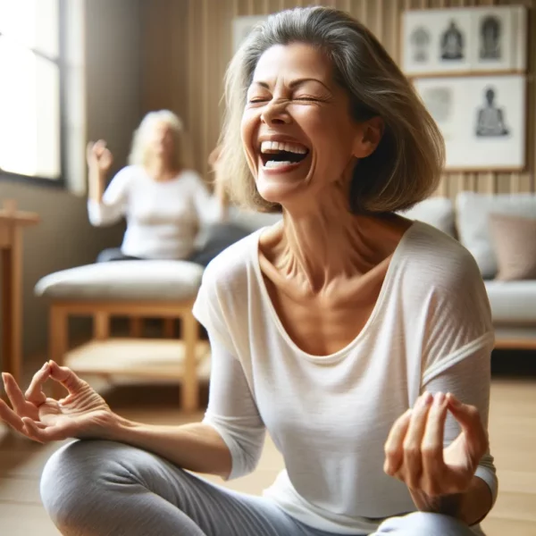 woman laughing while doing yoga