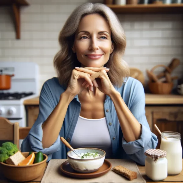 woman sitting at table with food 